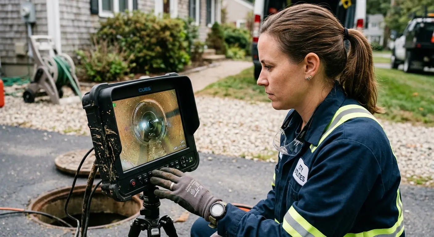Technician reviewing sewer camera inspection footage in Geneva