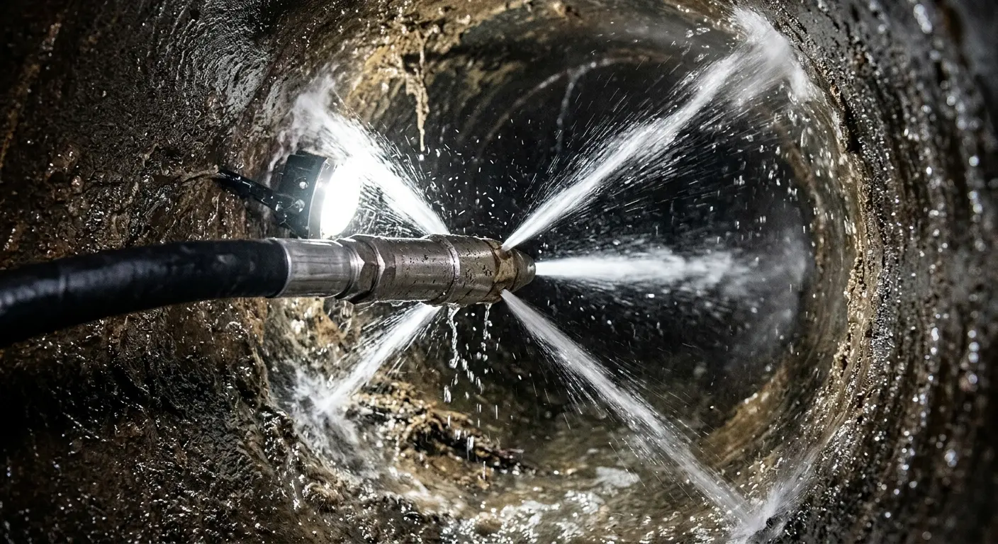 High-pressure hydro jetting nozzle cleaning sewer pipe for Sewer Cleanout in Geneva