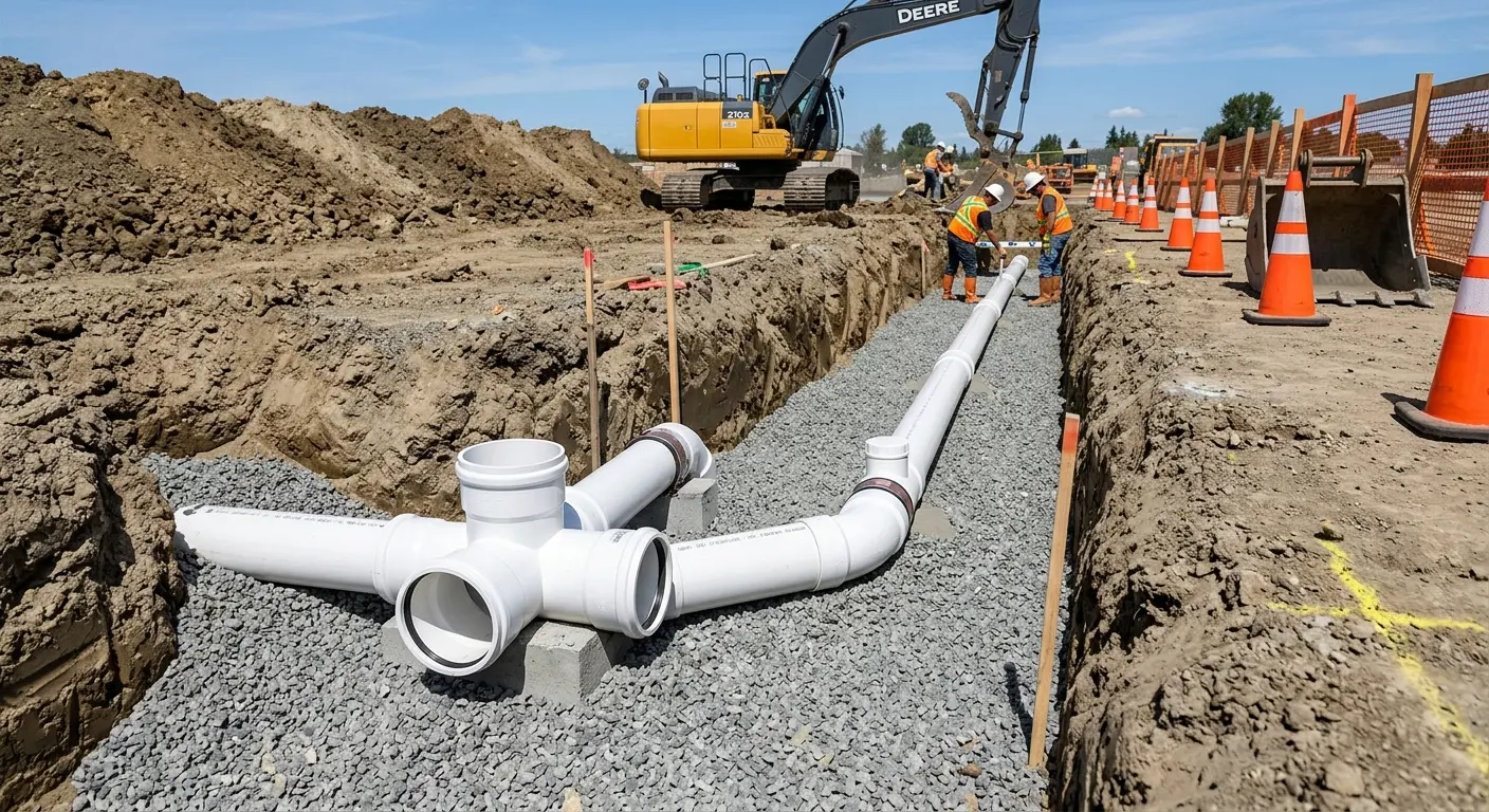 New PVC sewer pipe installation in open trench for Sewer Backup in Geneva