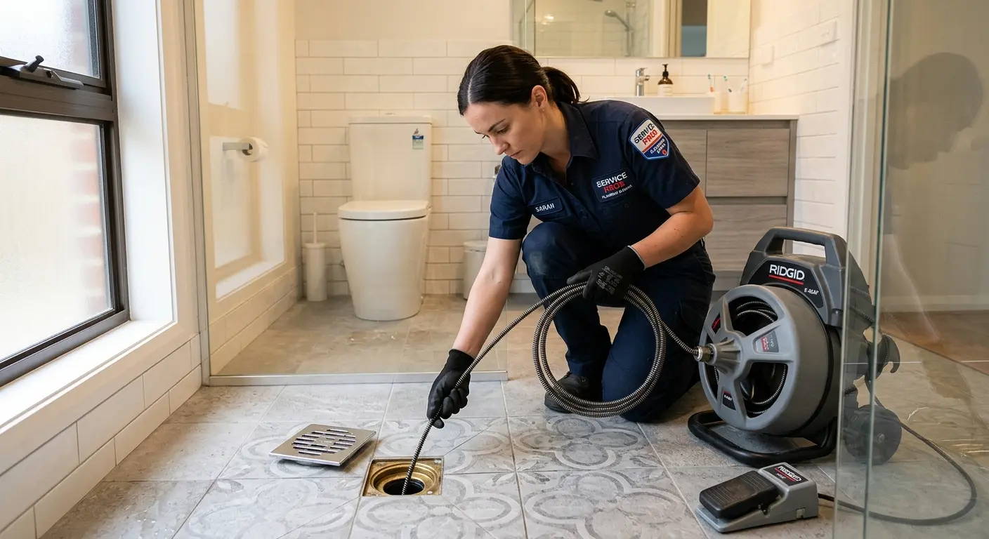 Technician clearing a bathroom floor drain for Sewer Line Replacement in Geneva
